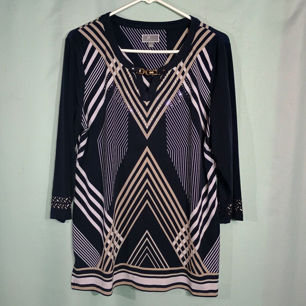 Women’s Black Beige Geometric Print Tunic Top 3/4 Sleeve Embellished V Neck
